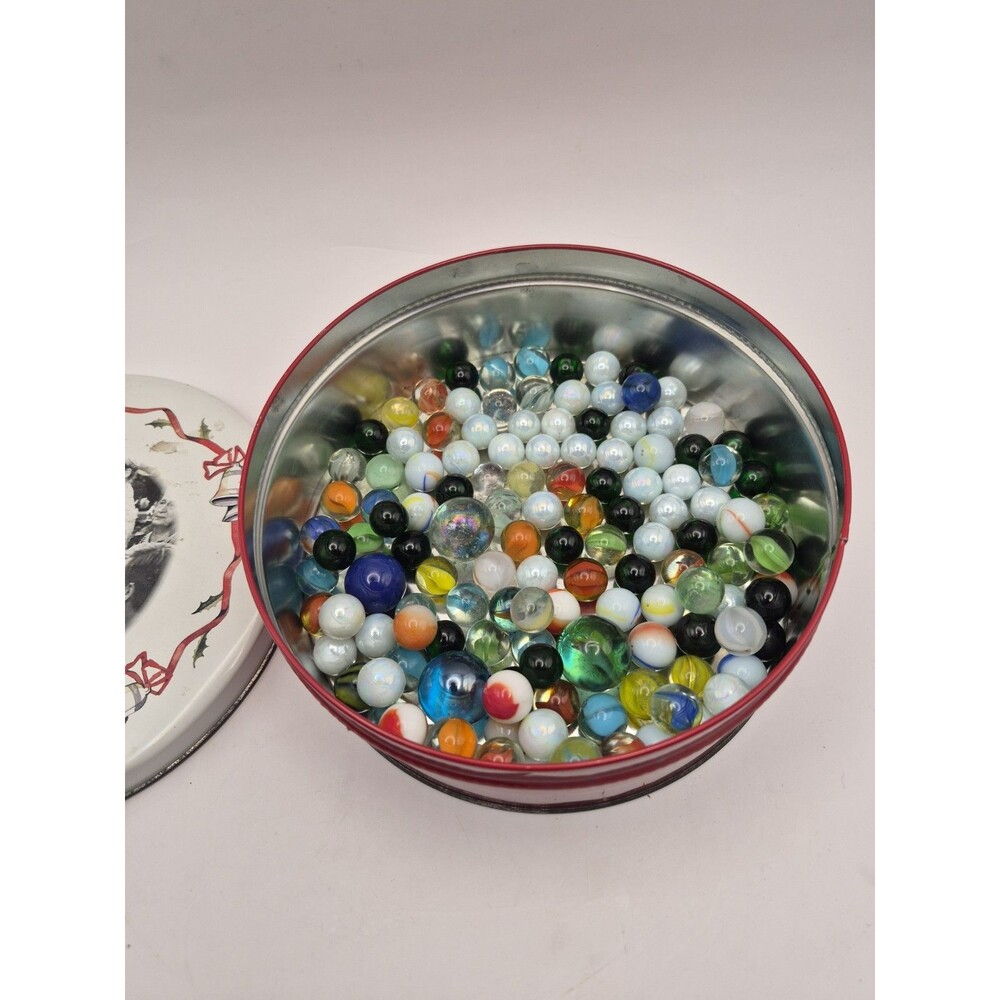 Vintage/Antique Marble Lot 7" Round Tin Glass Marbles